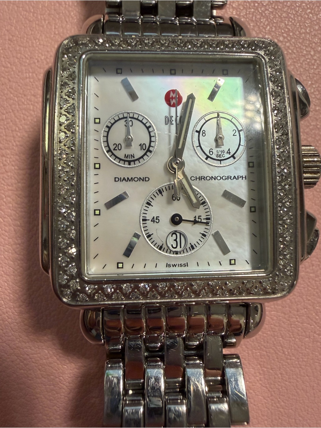 Michele MotherOfPearl Diamond Chronograph Watch In Silver